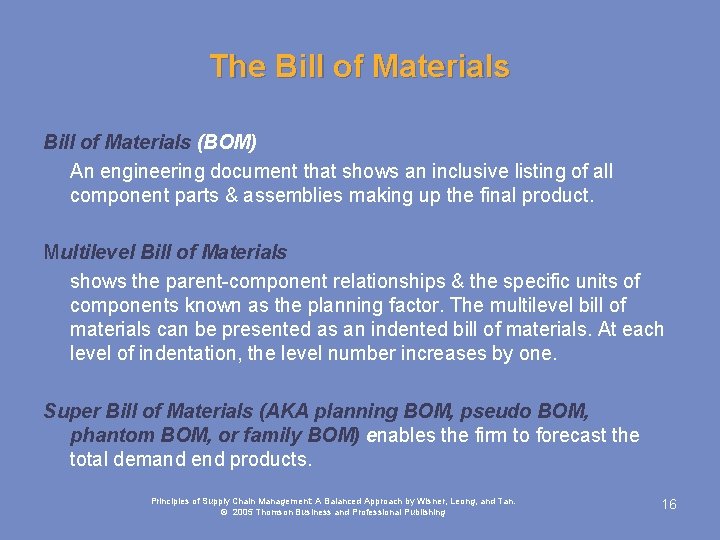 The Bill of Materials (BOM) An engineering document that shows an inclusive listing of