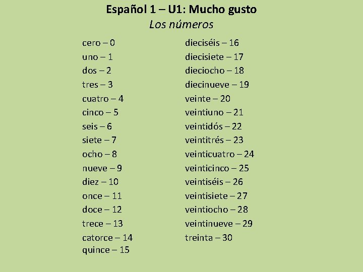 Español 1 – U 1: Mucho gusto Los números cero – 0 uno –