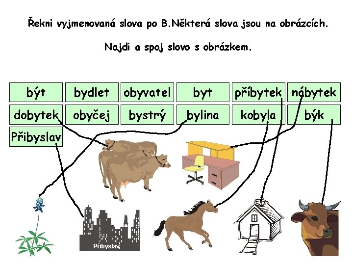 Řekni vyjmenovaná slova po B. Některá slova jsou na obrázcích. Najdi a spoj slovo