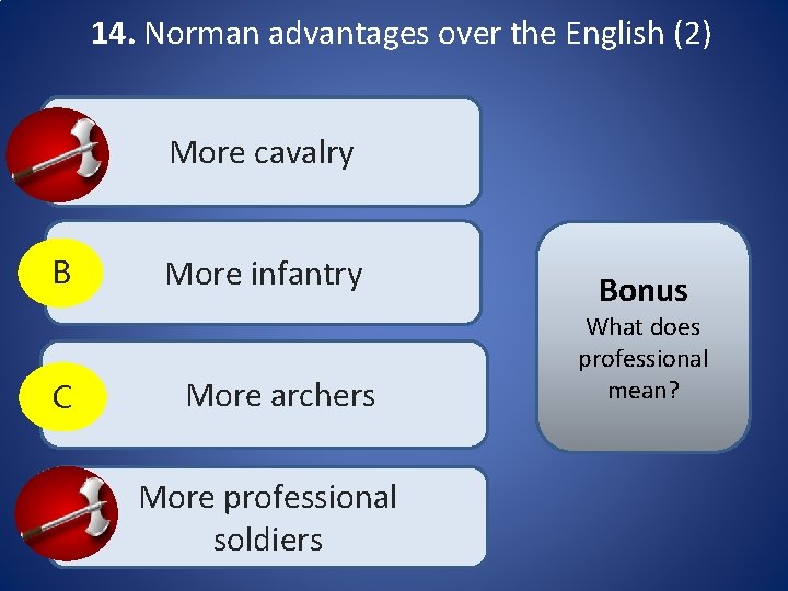 14. Norman advantages over the English (2) A More cavalry B More infantry C 14. Norman advantages over the English (2) A More cavalry B More infantry C