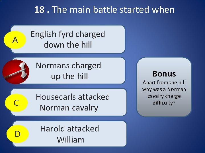 18. The main battle started when A English fyrd charged down the hill B 18. The main battle started when A English fyrd charged down the hill B