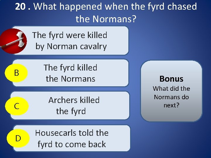 20. What happened when the fyrd chased the Normans? A The fyrd were killed 20. What happened when the fyrd chased the Normans? A The fyrd were killed