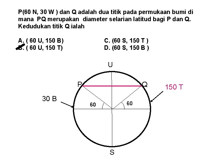 P(60 N, 30 W ) dan Q adalah dua titik pada permukaan bumi di