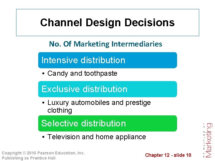 Channel Design Decisions No. Of Marketing Intermediaries Intensive distribution • Candy and toothpaste Exclusive