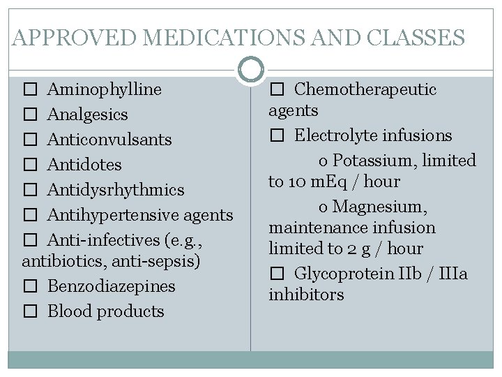 APPROVED MEDICATIONS AND CLASSES � Aminophylline � Analgesics � Anticonvulsants � Antidotes � Antidysrhythmics