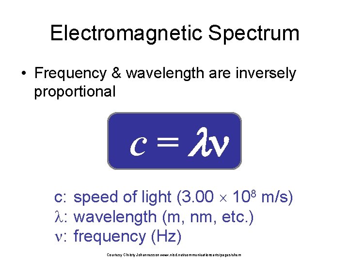 Electromagnetic Spectrum • Frequency & wavelength are inversely proportional c = c: speed of
