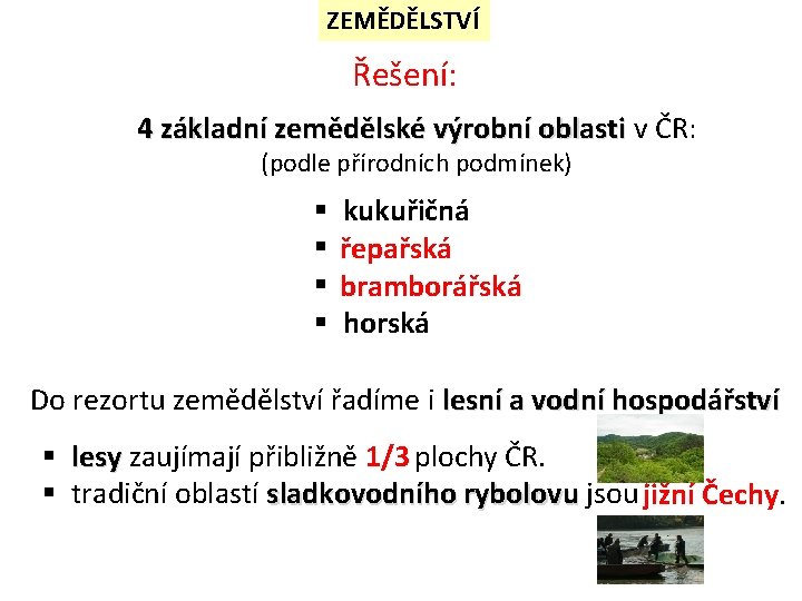 ZEMĚDĚLSTVÍ Řešení: 4 základní zemědělské výrobní oblasti v ČR: (podle přírodních podmínek) § §