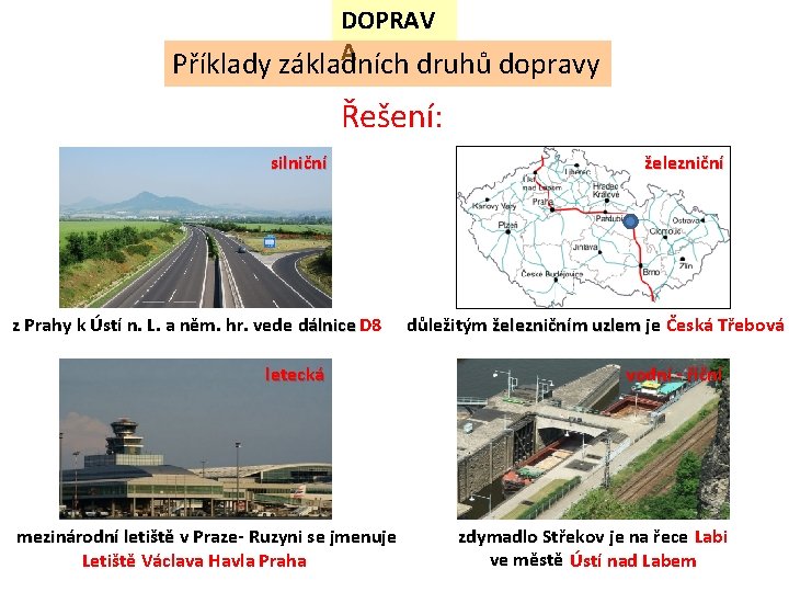 DOPRAV A Příklady základních druhů dopravy Řešení: silniční z Prahy k Ústí n. L.