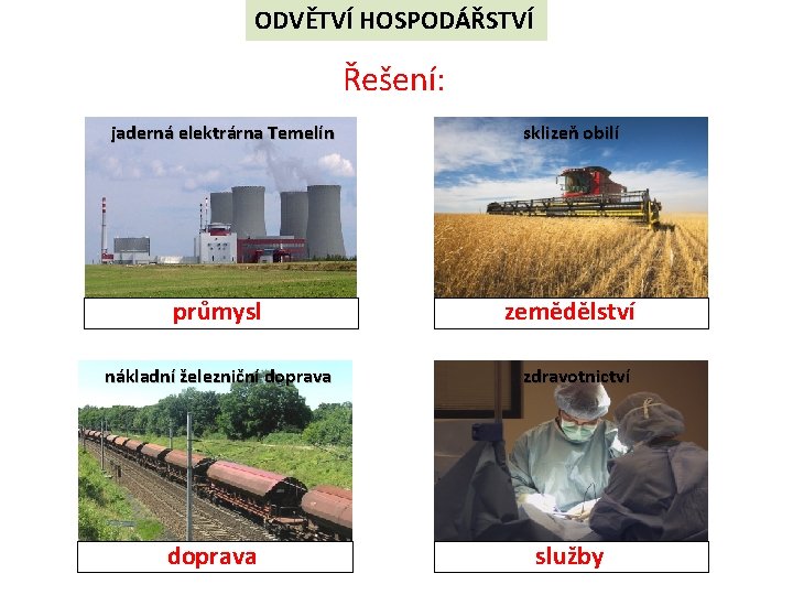 ODVĚTVÍ HOSPODÁŘSTVÍ Řešení: jaderná elektrárna Temelín sklizeň obilí průmysl zemědělství nákladní železniční doprava zdravotnictví