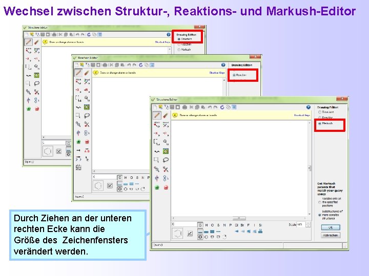 Wechsel zwischen Struktur-, Reaktions- und Markush-Editor Durch Ziehen an der unteren rechten Ecke kann