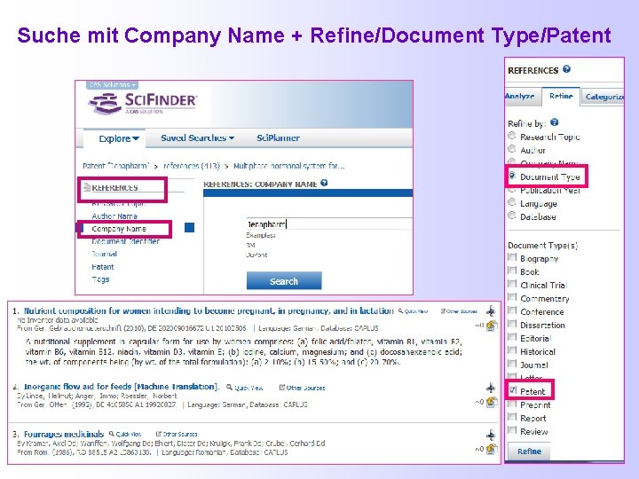 Suche mit Company Name + Refine/Document Type/Patent 