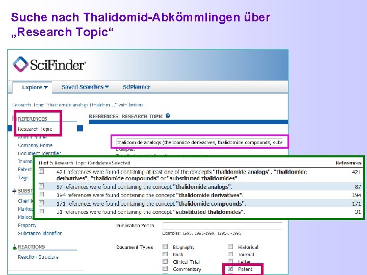 Suche nach Thalidomid-Abkömmlingen über „Research Topic“ 