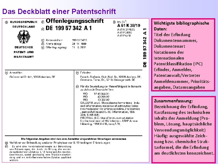 Das Deckblatt einer Patentschrift Wichtigste bibliographische Daten: Titel der Erfindung Dokumentennummer, Dokumentenart Notationen der