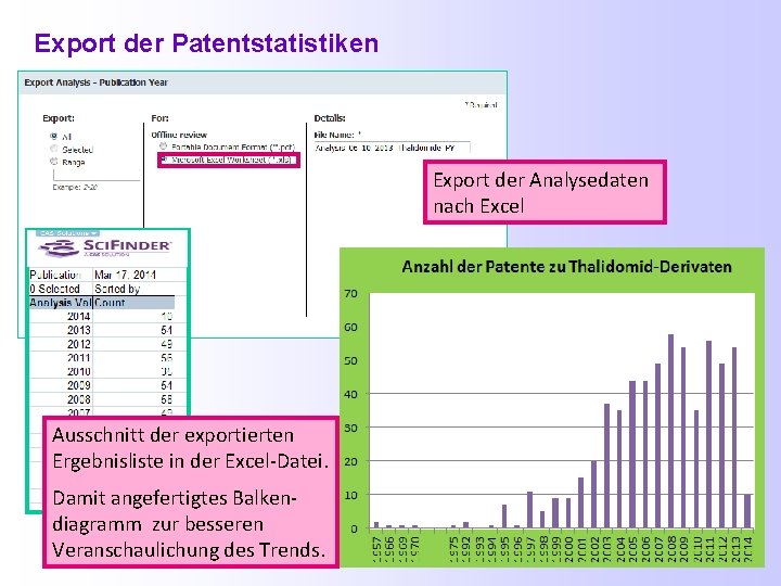 Export der Patentstatistiken Export der Analysedaten nach Excel Ausschnitt der exportierten Ergebnisliste in der