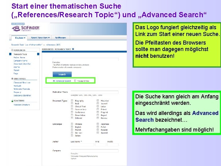 Start einer thematischen Suche („References/Research Topic“) und „Advanced Search“ Das Logo fungiert gleichzeitig als