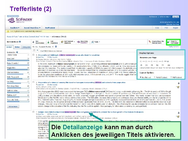 Trefferliste (2) Die Detailanzeige kann man durch Anklicken des jeweiligen Titels aktivieren. 