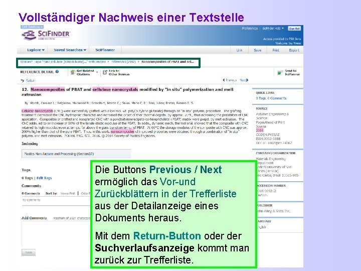 Vollständiger Nachweis einer Textstelle Die Buttons Previous / Next ermöglich das Vor-und Zurückblättern in