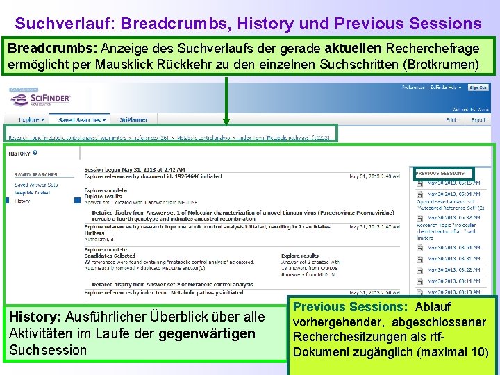 Suchverlauf: Breadcrumbs, History und Previous Sessions Breadcrumbs: Anzeige des Suchverlaufs der gerade aktuellen Recherchefrage