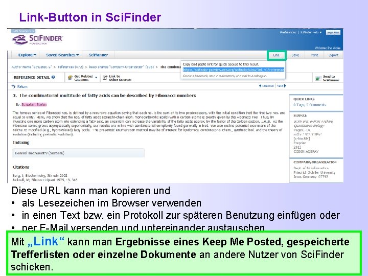 Link-Button in Sci. Finder Diese URL kann man kopieren und • als Lesezeichen im