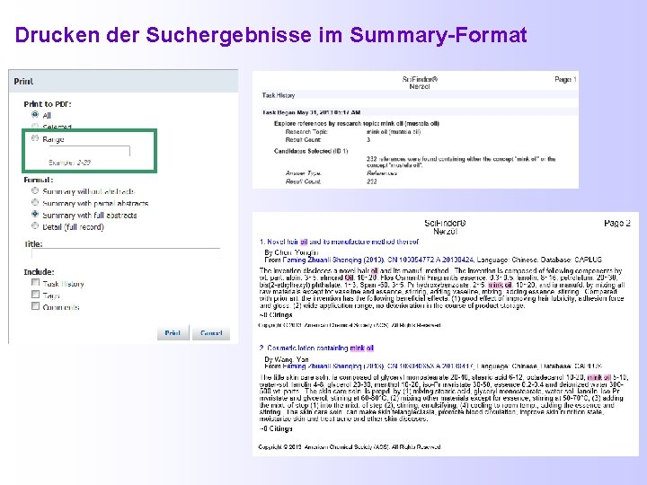 Drucken der Suchergebnisse im Summary-Format 