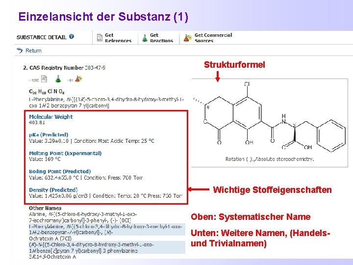 Einzelansicht der Substanz (1) Strukturformel Wichtige Stoffeigenschaften Oben: Systematischer Name Unten: Weitere Namen, (Handels-
