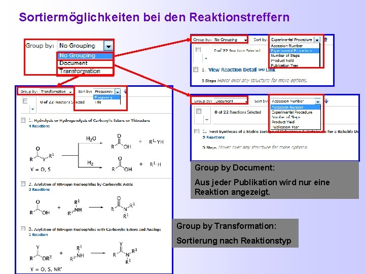 Sortiermöglichkeiten bei den Reaktionstreffern Group by Document: Aus jeder Publikation wird nur eine Reaktion