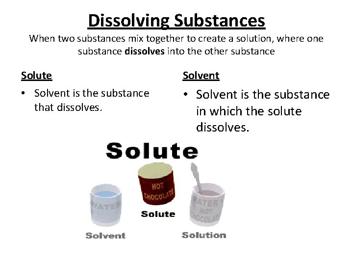 Dissolving Substances When two substances mix together to create a solution, where one substance Dissolving Substances When two substances mix together to create a solution, where one substance