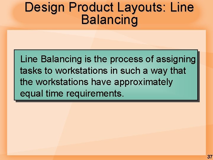 Design Product Layouts: Line Balancing is the process of assigning tasks to workstations in