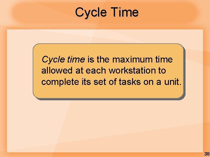 Cycle Time Cycle time is the maximum time allowed at each workstation to complete