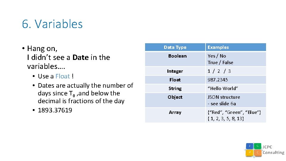 6. Variables • Hang on, I didn’t see a Date in the variables…. •