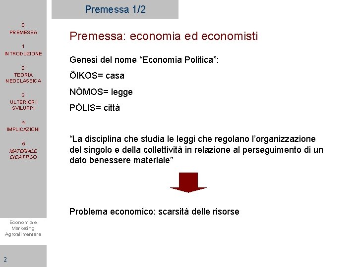 Premessa 1/2 0 PREMESSA 1 INTRODUZIONE 2 TEORIA NEOCLASSICA 3 ULTERIORI SVILUPPI Premessa: economia