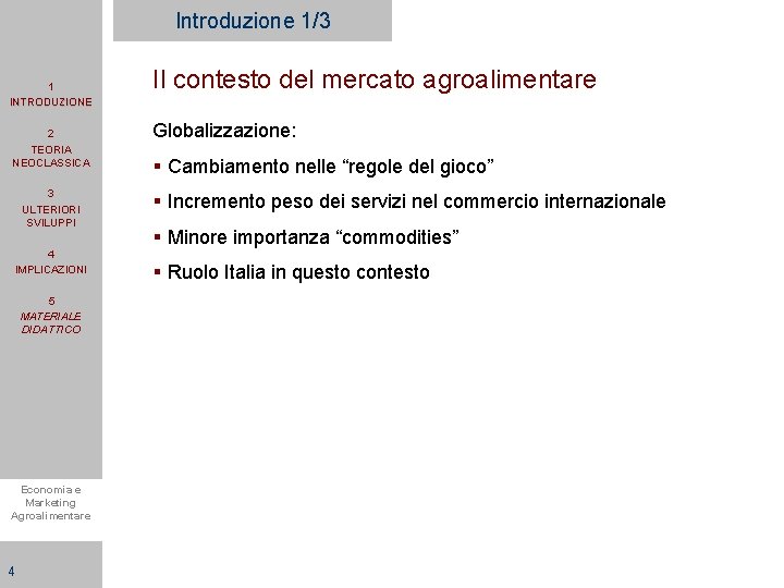 Introduzione 1/3 1 INTRODUZIONE 2 TEORIA NEOCLASSICA 3 ULTERIORI SVILUPPI 4 IMPLICAZIONI 5 MATERIALE