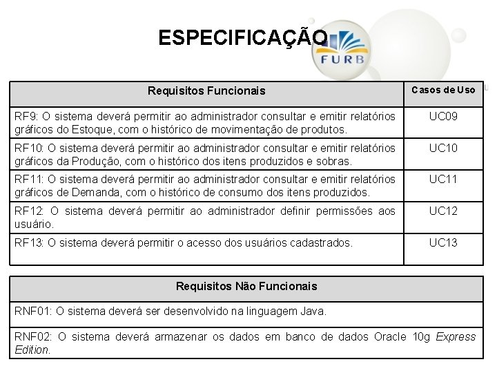 ESPECIFICAÇÃO Requisitos Funcionais Casos de Uso RF 9: O sistema deverá permitir ao administrador
