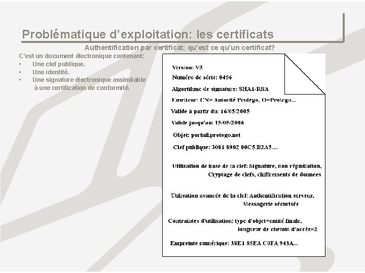 Problématique d’exploitation: les certificats Authentification par certificat: qu’est ce qu’un certificat? C’est un document