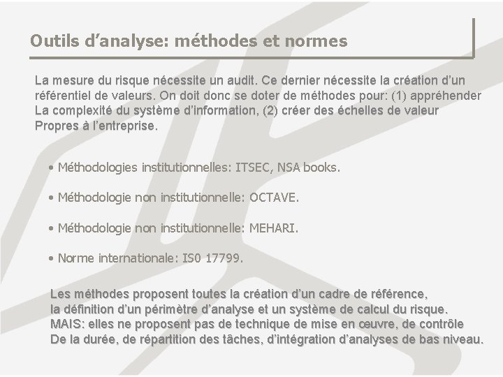 Outils d’analyse: méthodes et normes La mesure du risque nécessite un audit. Ce dernier Outils d’analyse: méthodes et normes La mesure du risque nécessite un audit. Ce dernier
