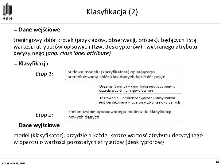 Klasyfikacja (2) — Dane wejściowe treningowy zbiór krotek (przykładów, obserwacji, próbek), będących listą wartości