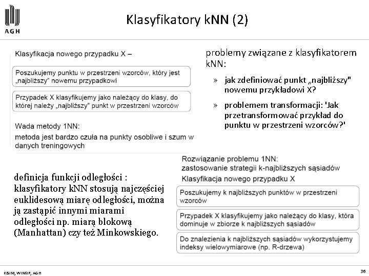 Klasyfikatory k. NN (2) problemy związane z klasyfikatorem k. NN: » jak zdefiniować punkt