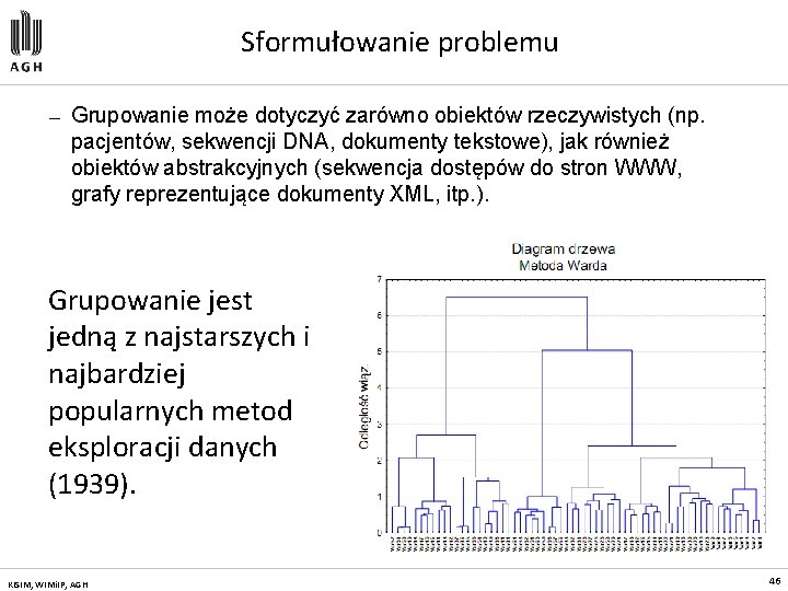 Sformułowanie problemu — Grupowanie może dotyczyć zarówno obiektów rzeczywistych (np. pacjentów, sekwencji DNA, dokumenty