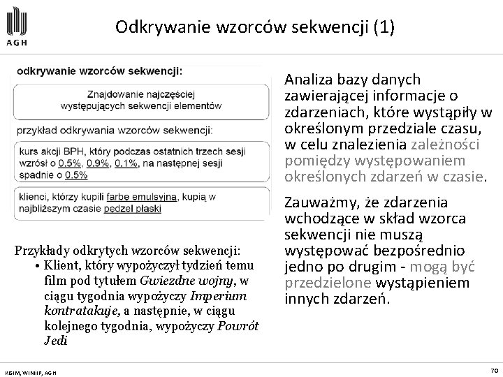 Odkrywanie wzorców sekwencji (1) Analiza bazy danych zawierającej informacje o zdarzeniach, które wystąpiły w