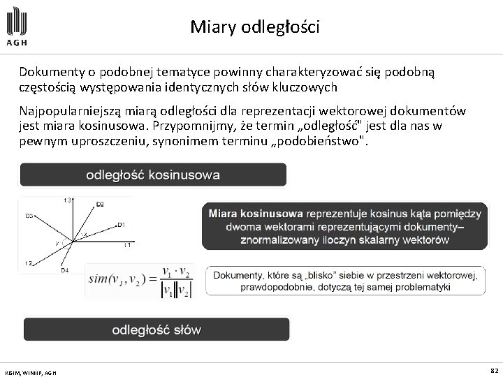 Miary odległości Dokumenty o podobnej tematyce powinny charakteryzować się podobną częstością występowania identycznych słów