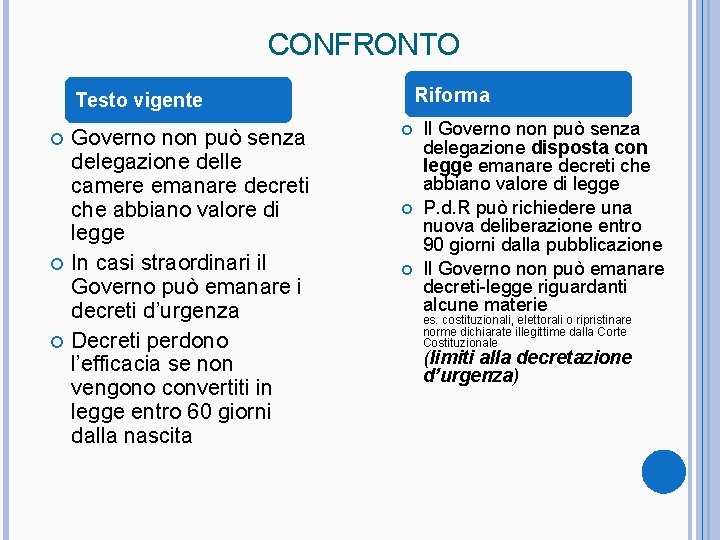 CONFRONTO Riforma Testo vigente Governo non può senza delegazione delle camere emanare decreti che