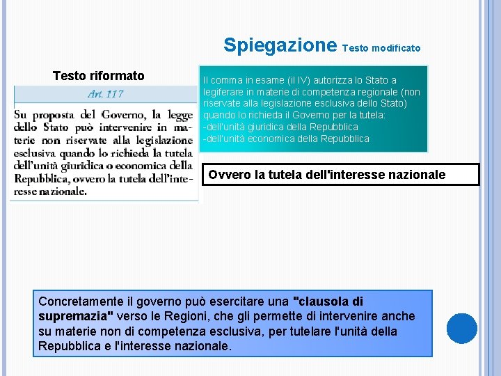 Spiegazione Testo modificato Testo riformato Il comma in esame (il IV) autorizza lo Stato