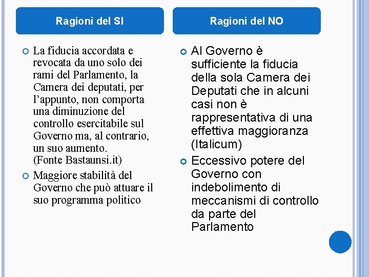 Ragioni del SI La fiducia accordata e revocata da uno solo dei rami del