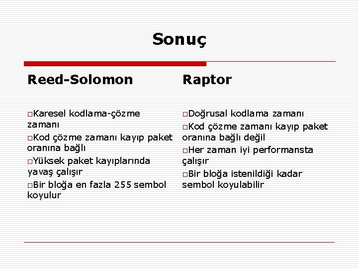 Sonuç Reed-Solomon Raptor o. Karesel o. Doğrusal kodlama-çözme zamanı o. Kod çözme zamanı kayıp