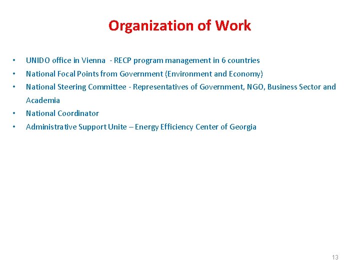 Organization of Work • UNIDO office in Vienna - RECP program management in 6
