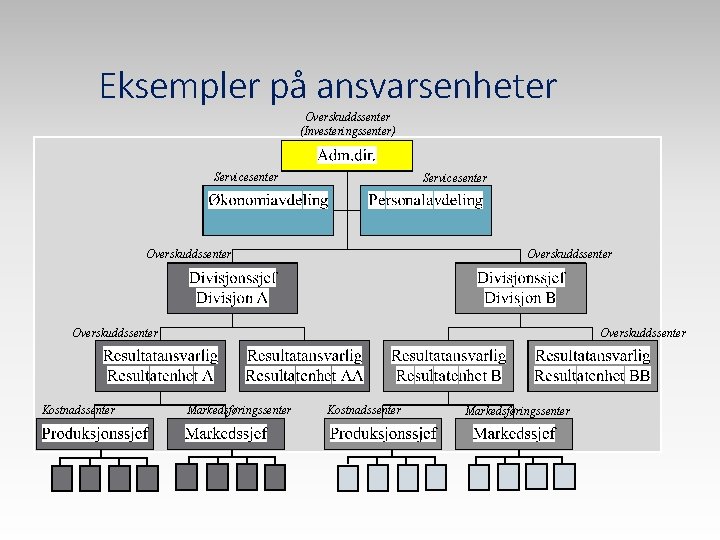 Eksempler på ansvarsenheter Overskuddssenter (Investeringssenter) Servicesenter Overskuddssenter Kostnadssenter Overskuddssenter Markedsføringssenter Kostnadssenter Markedsføringssenter 