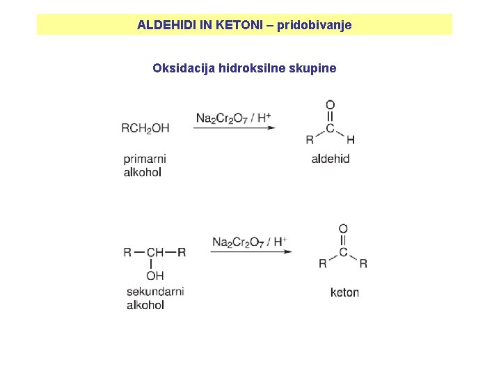 ALDEHIDI IN KETONI – pridobivanje Oksidacija hidroksilne skupine 