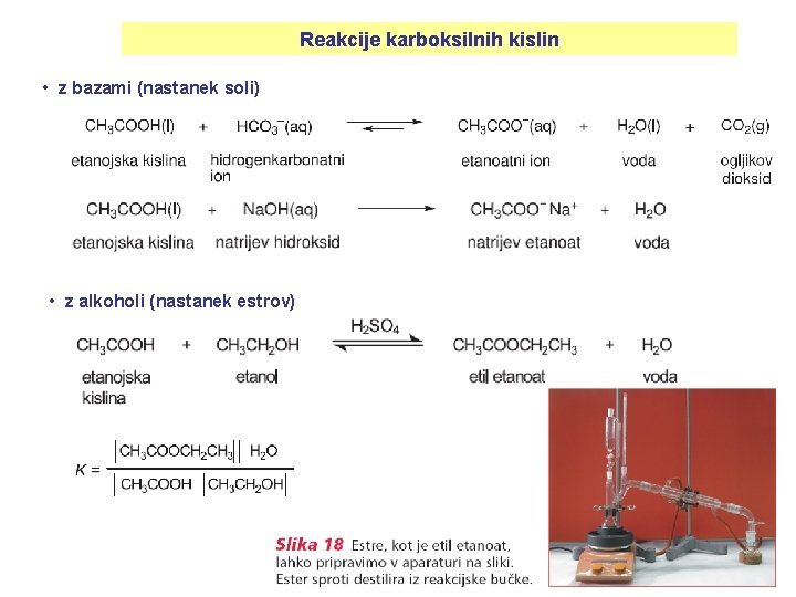 Reakcije karboksilnih kislin • z bazami (nastanek soli) • z alkoholi (nastanek estrov) 