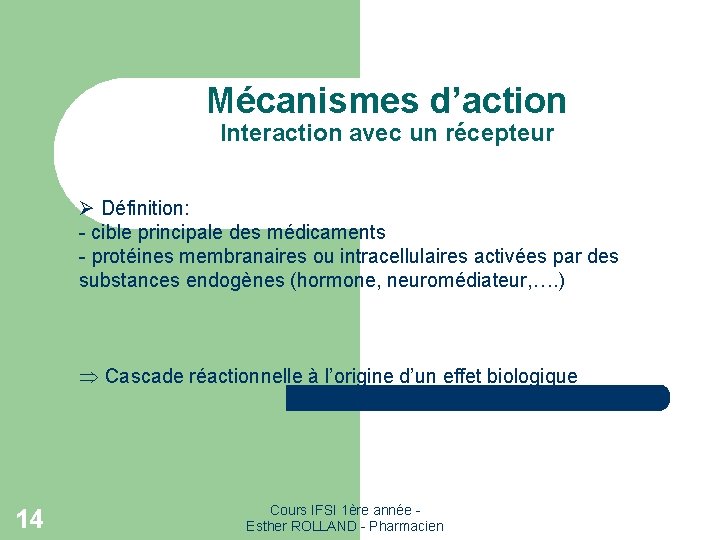 Mécanismes d’action Interaction avec un récepteur Ø Définition: - cible principale des médicaments -