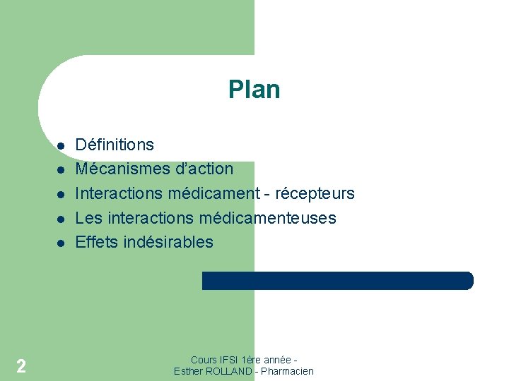 Plan l l l 2 Définitions Mécanismes d’action Interactions médicament - récepteurs Les interactions